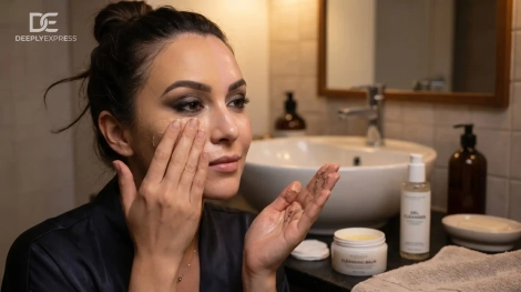 woman applying foundation with a brush, skin care for heavy makeup wearers