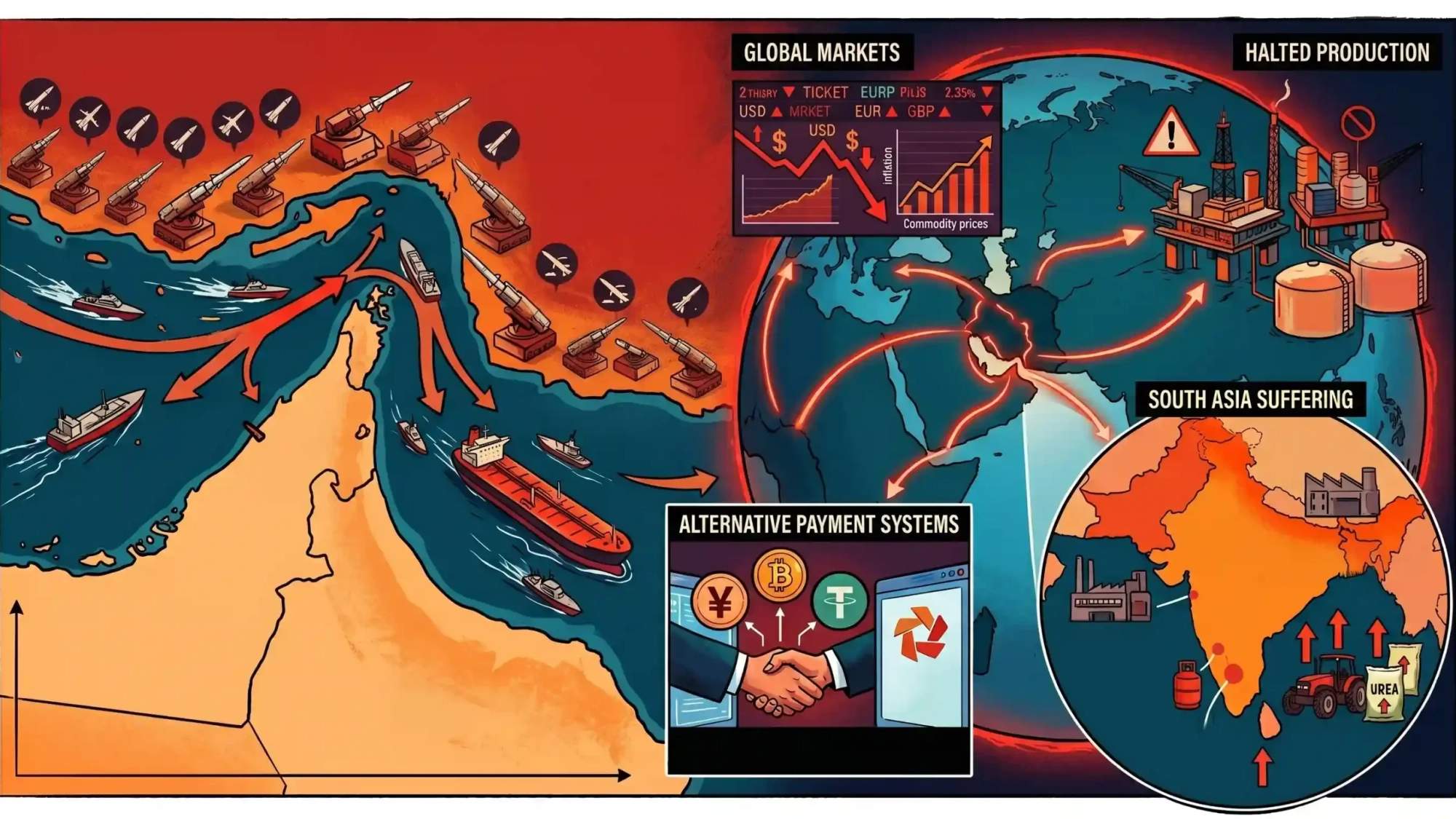 See how Iran closing the Strait of Hormuz in 2026 changed how we trade energy worldwide, added yuan and crypto tolls, put pressure on the US dollar's hold, and left South Asia short on energy and food, facing serious security issues as a result.